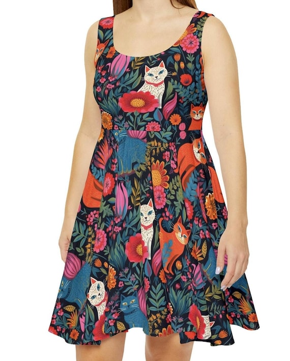 Cat Print Sleeveless Dress: Quirky Feline Circle Hem Dress