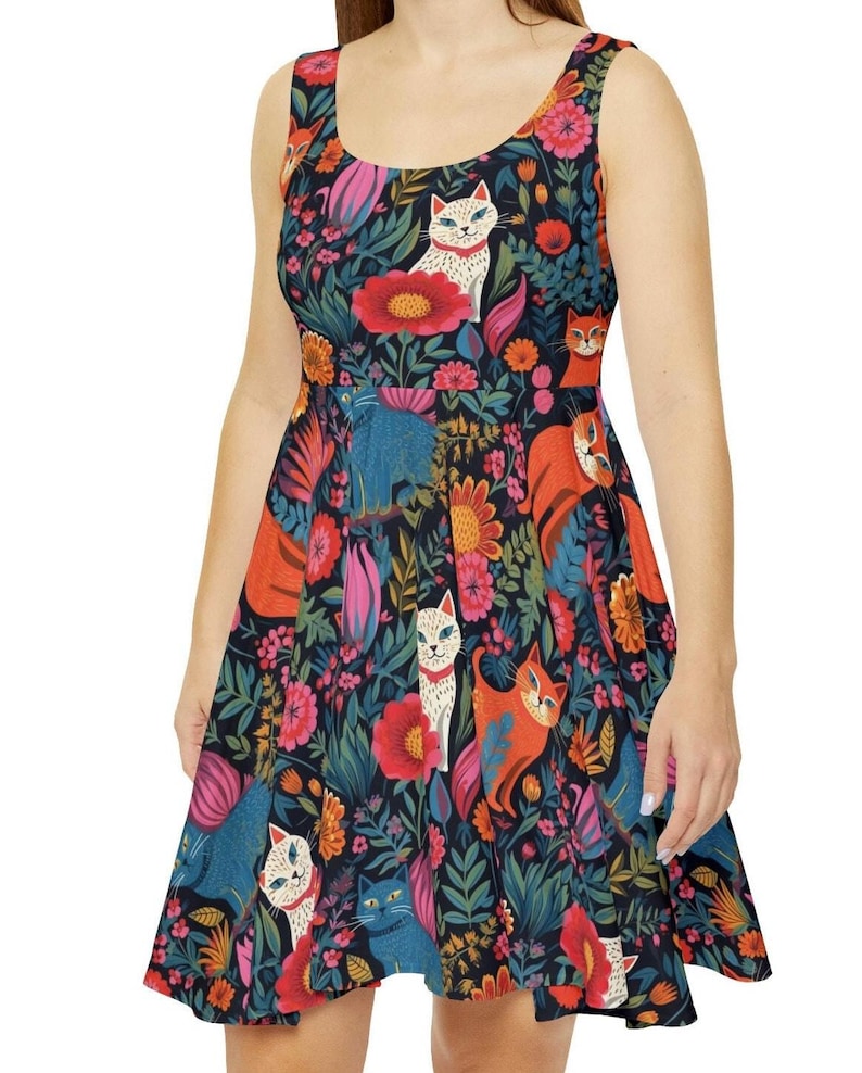 Cat Print Sleeveless Dress: Quirky Feline Circle Hem Dress immagine 1