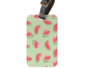 Etiqueta de equipaje acrílica con estampado de sandía y correa de cuero