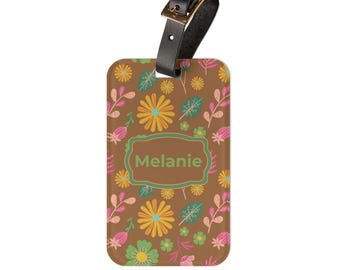 Personalized Floral Luggage Tag, Acrylic Baggage Tag with Leather Strap