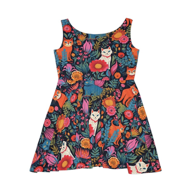 Cat Print Sleeveless Dress: Quirky Feline Circle Hem Dress immagine 6