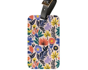 Etiqueta de equipaje con diseño floral: etiqueta de acrílico para maleta de viaje con correa de cuero