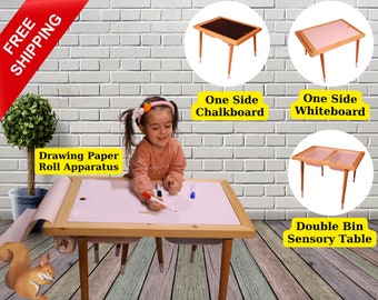 Gift For Kids, Birtday Gift, Sensory Table, Wood Activity Table, Montessori Table and Chair Set, Chalk board and Whiteboard, Play Table