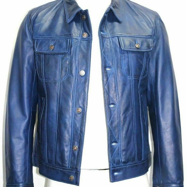 Blouson trucker homme en cuir d'agneau véritable bleu avec boutons