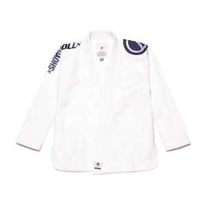 May include: White Jiu-Jitsu Gi with blue accents. The Gi has the text "Shoyoll" on the left sleeve and a circle logo on the right shoulder.