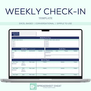 May include: A weekly check-in template for tracking progress and goals. The template is divided into sections for health, growth areas, and work in progress. The template is designed to be used in a spreadsheet program.