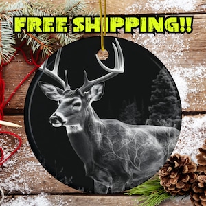 Wilderness Christmas Ornament,Deer,Double-sided,Outdoorsman Gift,Rustic Tree,Woodsy,Ceramic,Realistic,Lodge Decor,Sets of 1-3-5,Cabin Feel