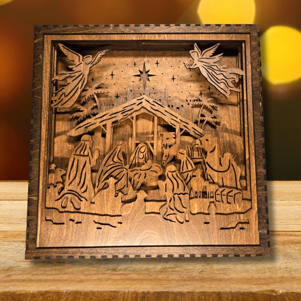 3D 9 Layer Nativity Shadowbox,Laser Cut,Hand Stained,Choice of Finishes,Intricate Detail,Add Faithful Decor,Beautiful Scene,10.5" x 10.5"