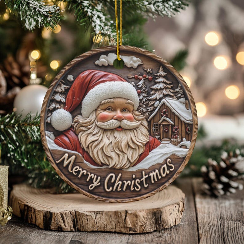 Ceramic Santa Ornaments, Woodlike Look, 2sided Design, Christmas