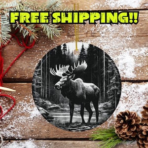 Wilderness Christmas Ornament,Moose,Double-sided,Outdoorsman Gift,Rustic Tree,Woodsy,Ceramic,Realistic,Lodge Decor,Sets of 1-3-5,Cabin Feel