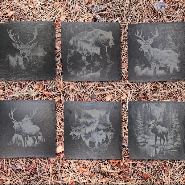 Rustic Coasters,Wildlife,Bear,Wolf,Elf,Moose,Deer,Beautifully Etched on Slate,6 Choices,Non Scratch Pads,Natural Slate,Cabin,Lodge,Dad Gift