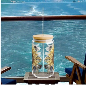 Bee and Sunflower Watercolor Glass Can: 16oz Iced Coffee Cup