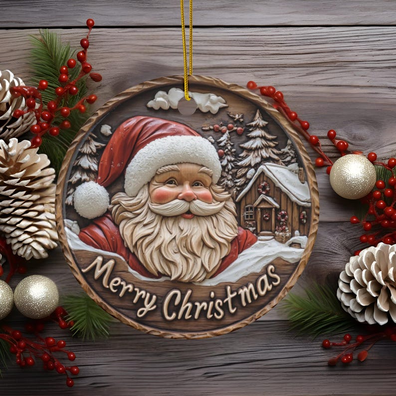 Ceramic Santa Ornaments, Woodlike Look, 2sided Design, Christmas