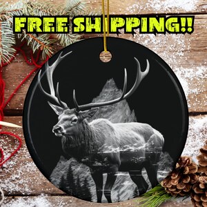 Wilderness Christmas Ornament,Elk,Double-sided,Outdoorsman Gift,Rustic Tree,Woodsy,Ceramic,Realistic,Lodge Decor,Sets of 1-3-5,Cabin Feel