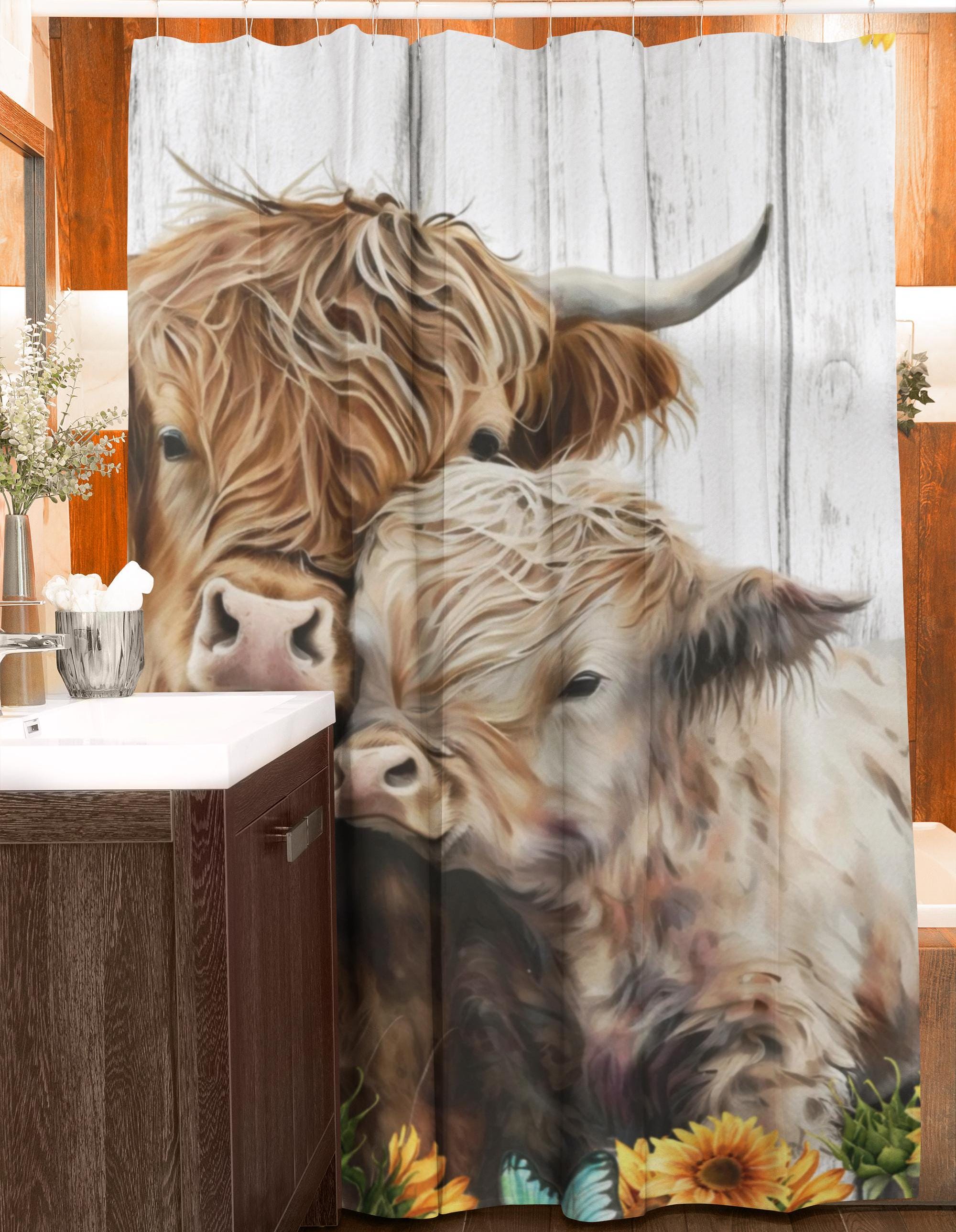 Highland Cow Shower Curtain - Western Rustic Farmhouse Bathroom Decor, 70x70 Inches - View #11