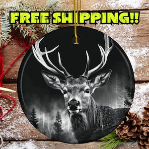 Wilderness Christmas Ornament,Deer,Double-sided,Outdoorsman Gift,Rustic Tree,Woodsy,Ceramic,Realistic,Lodge Decor,Sets of 1-3-5,Cabin Feel