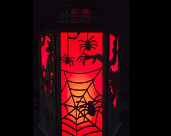 Halloween Tealight Lantern: Macabre Witch, Spiders, Haunted House