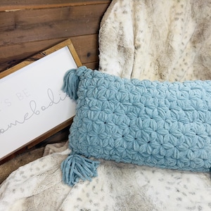 May include: A light blue, rectangular crochet pillow with tassels on each end. The pillow has a textured, star-like pattern. A wooden framed sign with the text "LET'S BE homebody" is in the background.