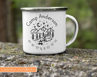 Personalisierte Camp-Tasse, benutzerdefinierte GPS-Koordinaten, Emaille beschichteter Edelstahl