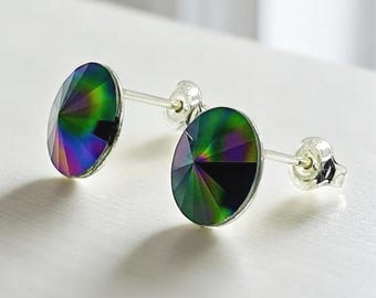 Pendientes de botón de cristal Swarovski arcoíris: Rivoli de plata de ley