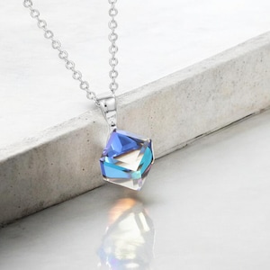 Bermuda Blue Swarovski Crystal Cube Necklace: Sterling Silver Pendant