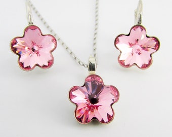 Pink Swarovski Crystal Flower Earrings: Sterling Silver Lever Back