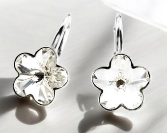 Swarovski Crystal Flower Earrings: Aurora Borealis Sterling Silver Lever Back