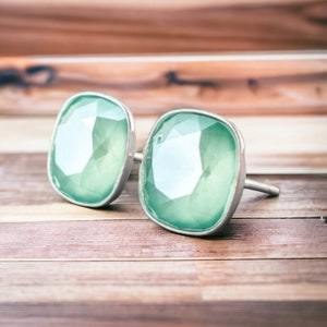 Swarovski crystal stud earrings . Mint green earrings . Cushon cut . Swarovski jewelry . Square earrings