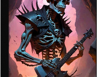 Rocker Skeleton, Leather Attire, Electric Guitar, Cave