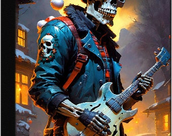 Rocker Skeleton, Christmas Attire, Electric Guitar, Snow