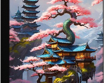 Japanese Castle, Green Mountain, Lake, Cherry blossoms