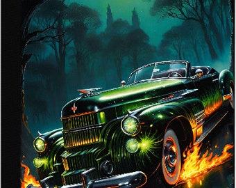 Green Classic Car, Flames