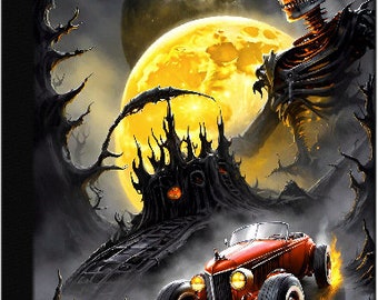 Skull, Moon, Red Sports Car, Flames, Creepy Dry Forest