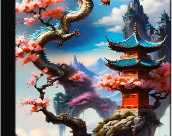 japanese castle, cherry blossoms, golden dragon, foggy mountain