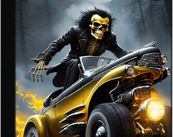 Skeleton, Yellow Racing Car, Flames, Moon
