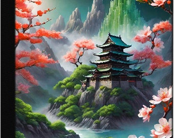 Japanese Castle, Green Mountain, Lake, Cherry blossoms