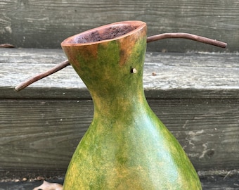 Handcrafted All-Natural Gourd Vessel/Vase hand carved and hand painted with decorative twigs