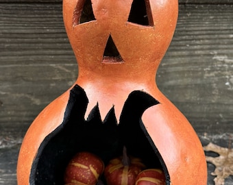 Handcrafted Gourd Jack-o’-Lantern – Rustic Halloween Decor, Upcycled Natural Pumpkin Lantern, Fall Table or Porch Decoration