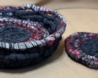 Hand Woven Coasters with Holder – Recycled Fabric Coaster Set – Eco-Friendly Boho Drink Mats – Upcycled Textile Home Decor