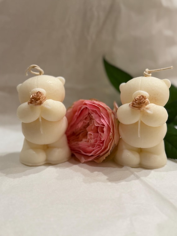 Teddy Bear Candle with Rose - Olive wax Set of 2 - Gift for Her - Romantic  Home Decor