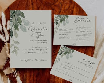 Eucalyptus Wedding Invitation Suite Template Greenery Editable Canva Template Minimal Details RSVP Card Sage Floral Modern Wedding Invite
