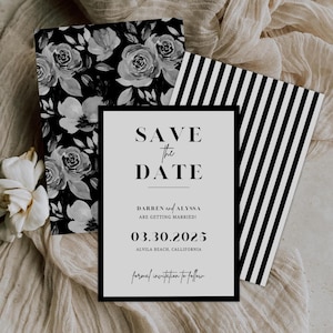 Moderne Schwarz Weiß Hochzeit Save the Date Vorlage | Minimale Save the Date Vorlage für die Hochzeit | Blumenhochzeit | Gestreifte Hochzeitsvorlagen