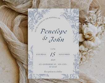 May include: A wedding invitation with a blue floral design. The invitation reads "You're invited to the wedding of Penelope & John" and includes the date, time, and location of the wedding.