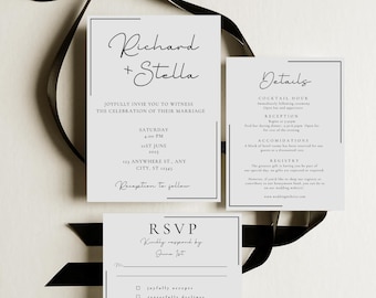 Invitación de boda minimalista en blanco y negro: Plantilla DIY moderna (5x7, descarga digital)