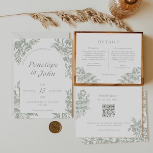 Sage Floral Wedding Invitation Suite Template | Light Green Whimsical Wedding Invitation | DIY Green Garden Party Wedding Invite Template