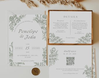 Sage Floral Wedding Invitation Suite Template | Light Green Whimsical Wedding Invitation | DIY Green Garden Party Wedding Invite Template