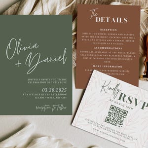 Modelo de conjunto de convites de casamento Boho Terracota, Laranja Queimado, Verde Sálvia, Detalhes do Casamento, Cartão RSVP, Boho, Floral