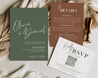 Terracotta Boho Wedding Invitation Suite Template | Burnt Orange Sage Green | Wedding Details QR RSVP | Bohemian Floral Wedding Template