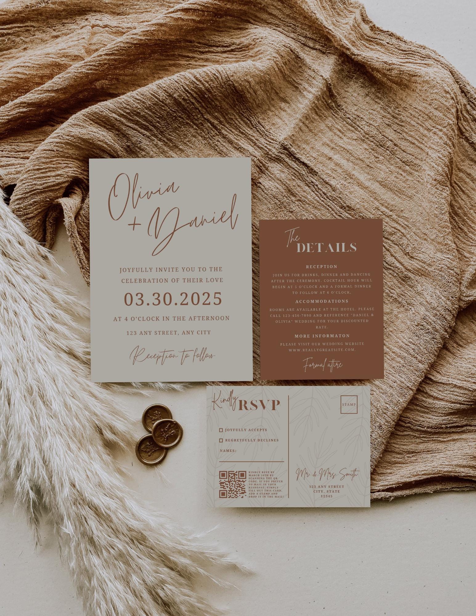 Terracotta Wedding Invitation Suite Template | Boho Wedding | Terracotta and Cream | Bohemian | Floral | Canva Templates