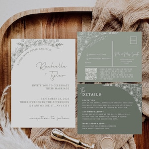Minimale Salbei Hochzeitseinladung Minimalistische Einladungskarte Grün Bearbeitbare Vorlage Details Antwortkarte Grün Blumen Moderne Hochzeitseinladungsfolge